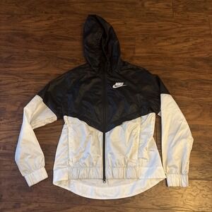 VTG Nike Windrunner Jacket Womens Large Black White Hooded Full Zip Running M